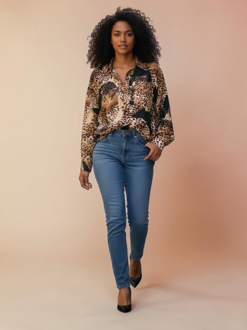 Leopard Print Long Sleeve Shirt - Brown Animal Print